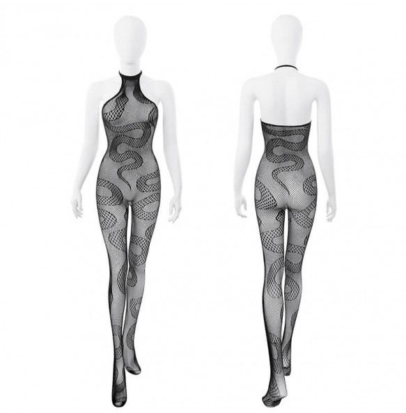 FEE ET MOI - Sheer Snake-Pattern Jacquard Bodystocking (Black)